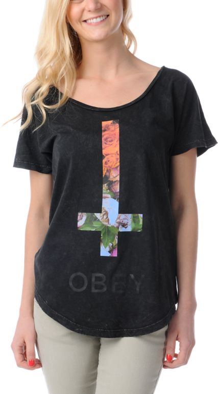 Obey Salem Spring Black Mineral Wash Dolman Tee Shirt