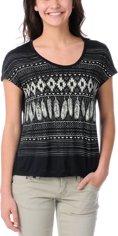 Empyre Girls Black & Cream Hatfield Native Feather Tee Shirt