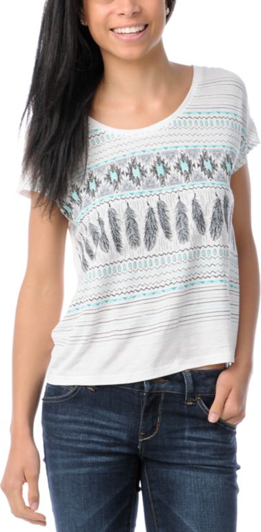 Empyre Girls Cream & Teal Hatfield Native Feather Tee Shirt
