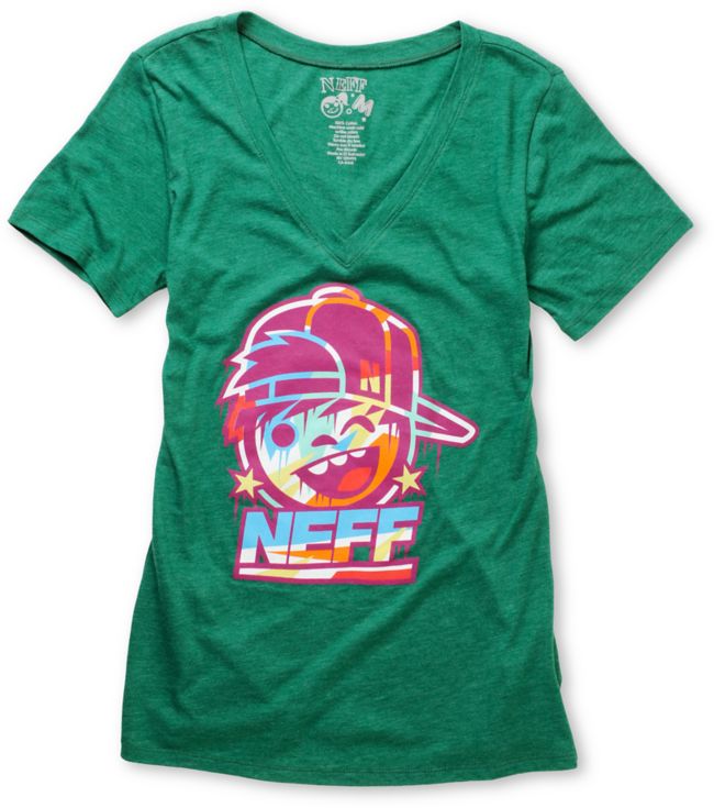 Neff Girls Kenni Drip Heather Green V-Neck Tee Shirt