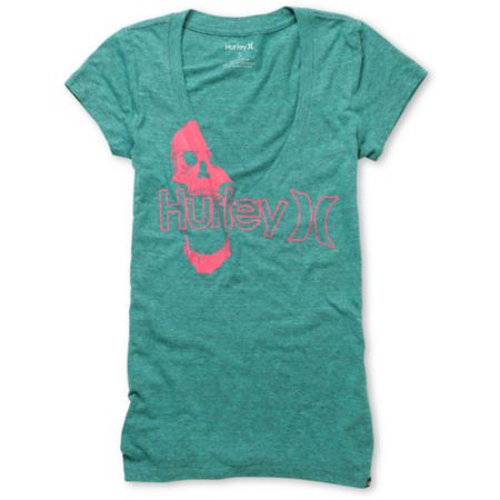 Hurley Girls One & Only Skully Heather Teal V-Neck Tee Shirt
