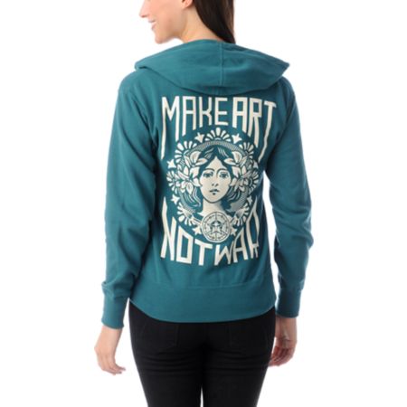 Obey Make Art Not War Dark Teal Zip Up Hoodie