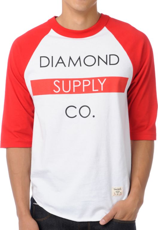 Diamond Supply Bar Logo Red Baseball Tee Shirt