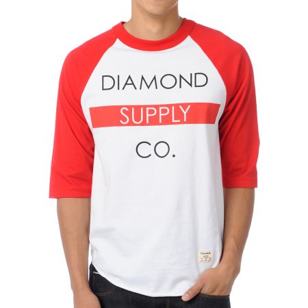 Diamond Supply Bar Logo Red Baseball Tee Shirt