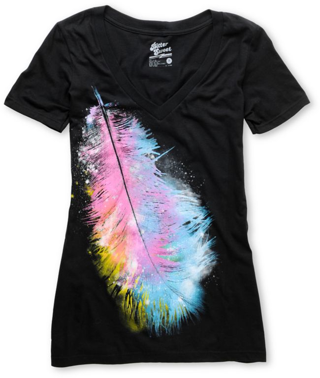 Bitter Sweet Feather Nebula Black V-Neck Tee Shirt