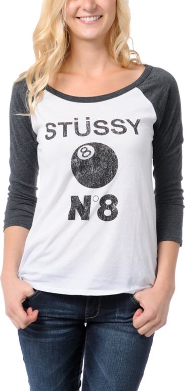Stussy Girls No. 8 White & Grey Baseball Tee Shirt