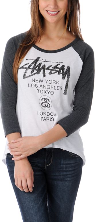 Stussy Girls World Tour White & Grey Baseball Tee Shirt