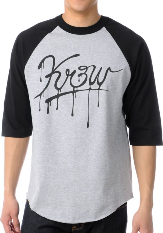 KR3W Slash Grey & Black Baseball Tee Shirt