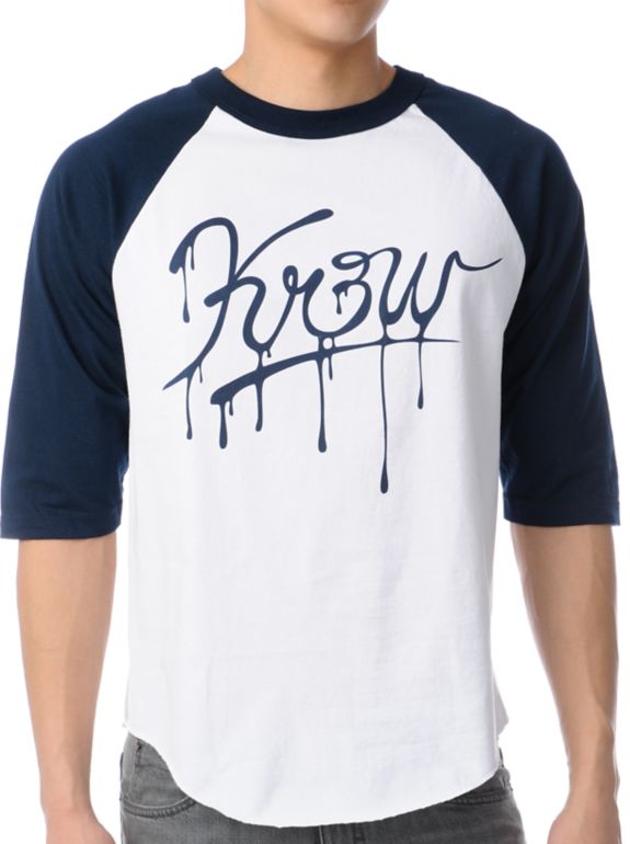 KR3W Slash White & Navy Baseball Tee Shirt