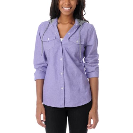 Empyre Girls Conifer Purple Chambray Hooded Flannel Shirt