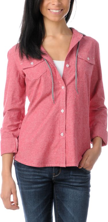 Empyre Girls Conifer Red Chambray Hooded Flannel Shirt