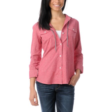 Empyre Girls Conifer Red Chambray Hooded Flannel Shirt