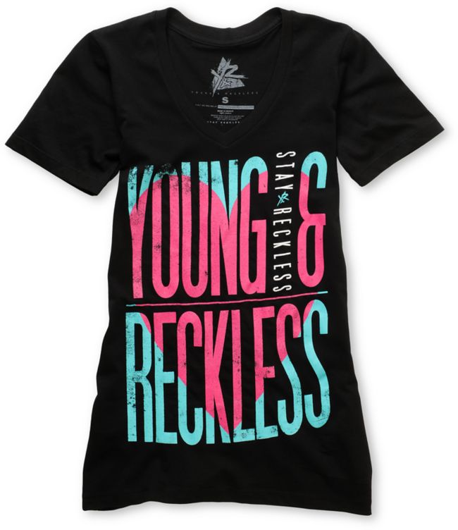 Young & Reckless Heart Black V-Neck Tee Shirt