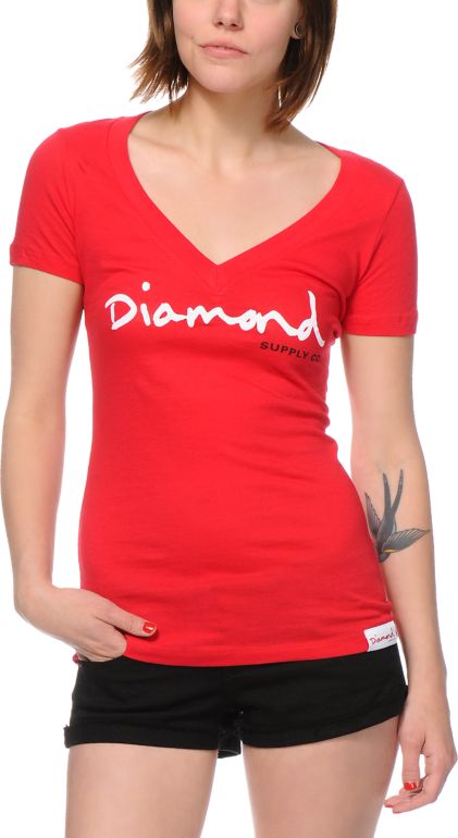 Diamond Supply Girls OG Script Red V-Neck Tee Shirt