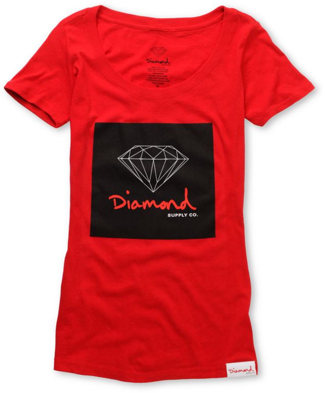 Diamond Supply Girls Red OG Sign Scoop Neck Tee Shirt