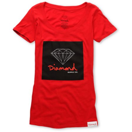 Diamond Supply Girls Red OG Sign Scoop Neck Tee Shirt