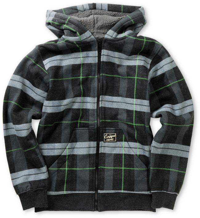 Empyre Boys Hecka Grey & Green Plaid Sherpa Fleece Hoodie