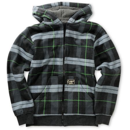 Empyre Boys Hecka Grey & Green Plaid Sherpa Fleece Hoodie