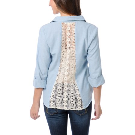 Love, Fire Chambray Vintage Blue Lace Back Button Up Shirt