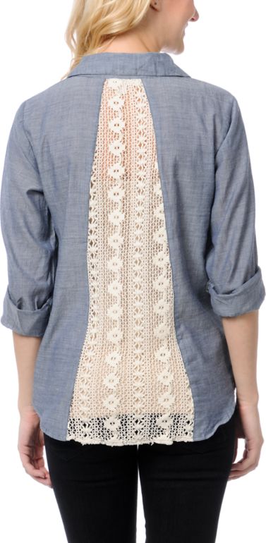 Love, Fire Chambray Indigo Blue Lace Back Button Up Shirt