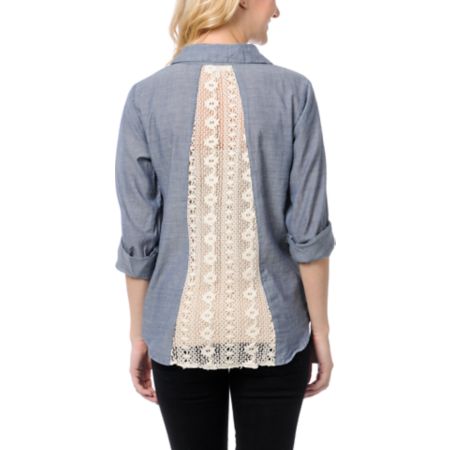Love, Fire Chambray Indigo Blue Lace Back Button Up Shirt
