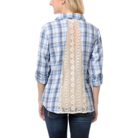 Love, Fire Blue Plaid Lace Back Button Up Flannel Shirt