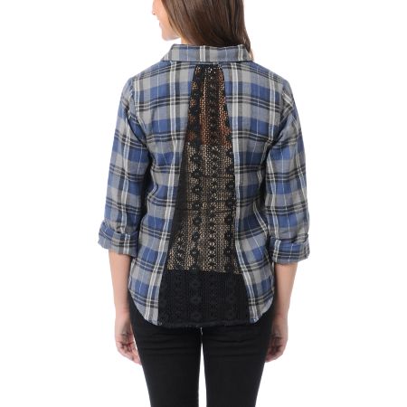 Love, Fire Grey & Blue Plaid Lace Back Button Up Flannel Shirt