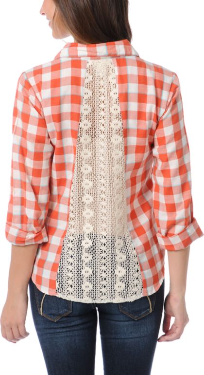 Love, Fire Orange Plaid Lace Back Button Up Shirt