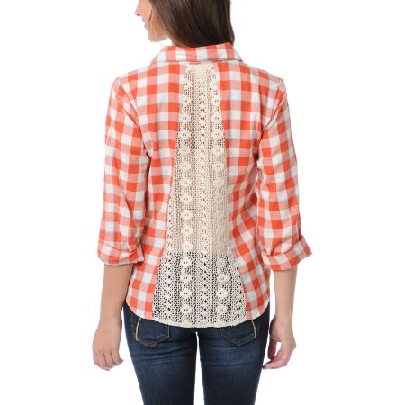 Love, Fire Orange Plaid Lace Back Button Up Shirt