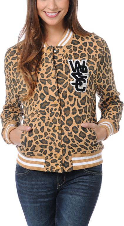 WeSC Girls Lakai Tan Leopard Print Fleece Varsity Jacket