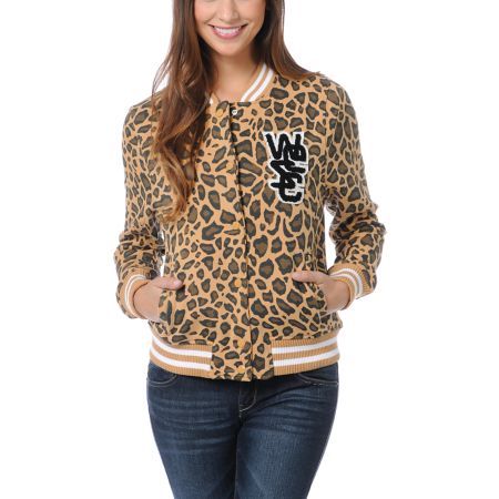WeSC Girls Lakai Tan Leopard Print Fleece Varsity Jacket
