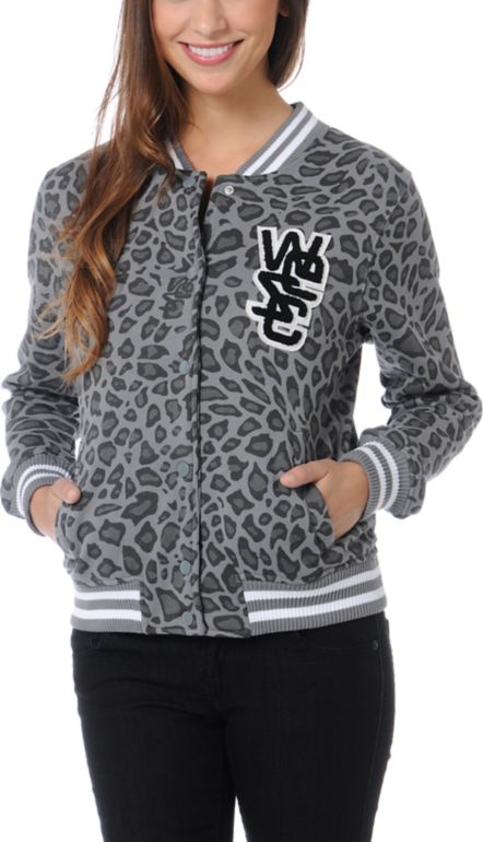 WeSC Girls Lakai Grey Leopard Print Fleece Varsity Jacket