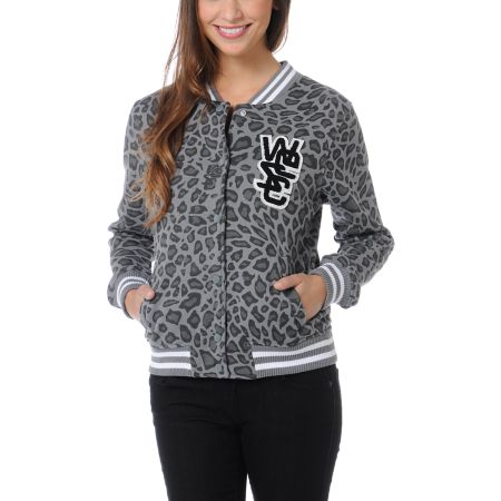 WeSC Girls Lakai Grey Leopard Print Fleece Varsity Jacket