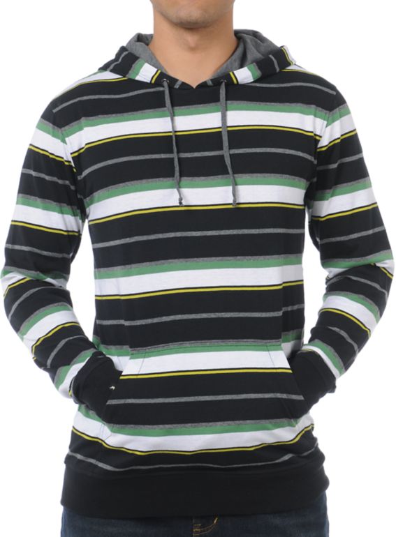 Empyre Champ Black Stripe Henley Pullover Hooded Shirt