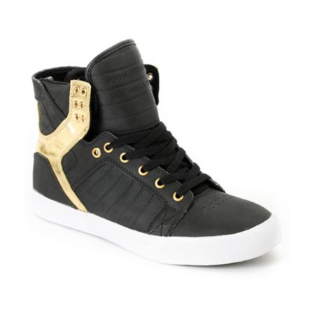 Supra Skytop Black Satin Tuf & Gold Foil Skate Shoe