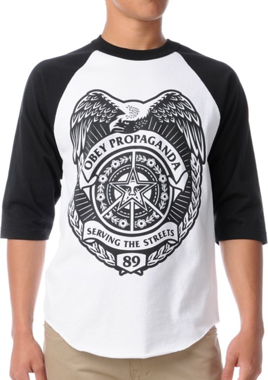 Obey Serving The Streets Black & White Baseball Tee Shirt