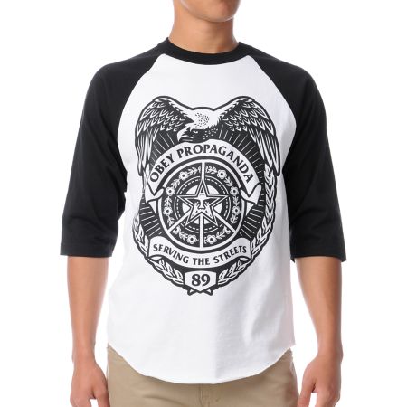 Obey Serving The Streets Black & White Baseball Tee Shirt