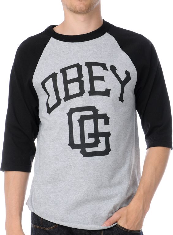 Obey Gigantes Black & Grey Baseball Tee Shirt