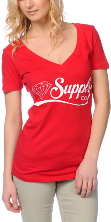 Diamond Supply Girls Diamondaire Red V-Neck Tee Shirt