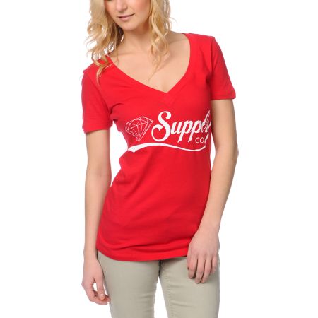 Diamond Supply Girls Diamondaire Red V-Neck Tee Shirt