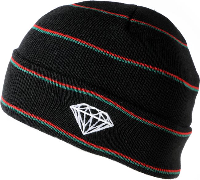 Diamond Supply Black, Red & Green Striped Fold Beanie