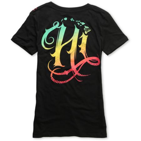 Fox Girls Hi Hawaii Black & Rasta V-Neck Tee Shirt