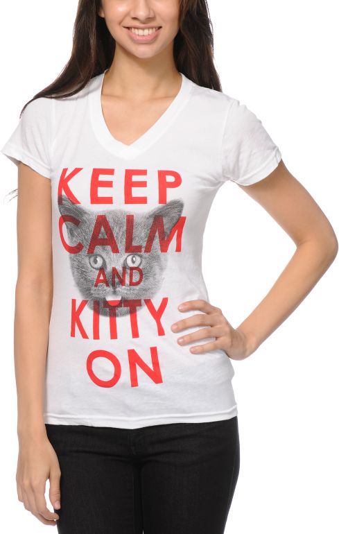 A-lab Girls Kitty On White V-Neck Tee Shirt