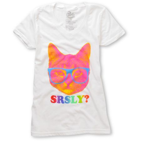 A-lab Girls Seriously Cat White V-Neck Tee Shirt