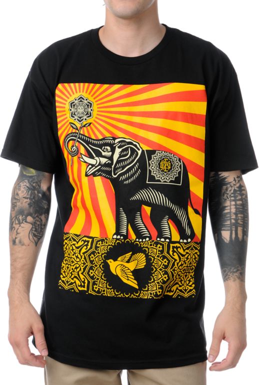 Obey Peace Elephant Black Tee Shirt