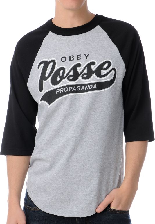 Obey Posse Script 2 Grey & Black Baseball Tee Shirt