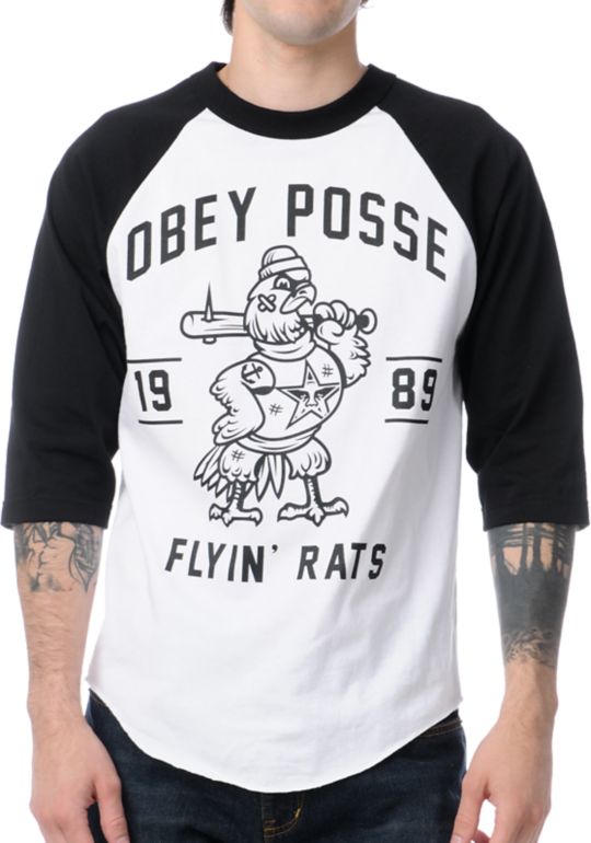 Obey Flyin Rats Black & White Baseball Tee Shirt