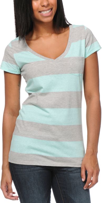Zine Girls Aruba Grey & Turquoise Stripe V-Neck Pocket Tee Shirt