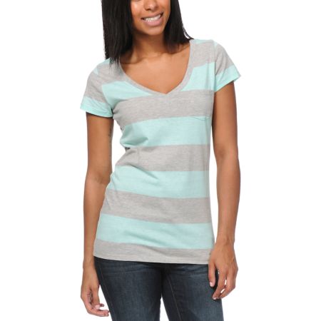 Zine Girls Aruba Grey & Turquoise Stripe V-Neck Pocket Tee Shirt