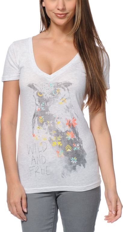 Empyre Girls Wild & Free Heather White V-Neck Tee Shirt